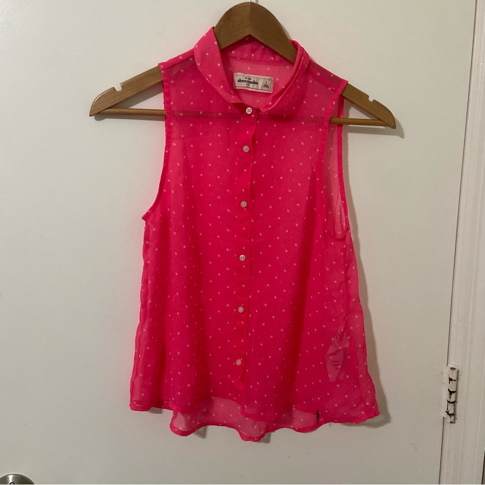 Abercrombie Kids Pink White Polka Dots Sheer Sleeveless Hi-Low Button Up Blouse